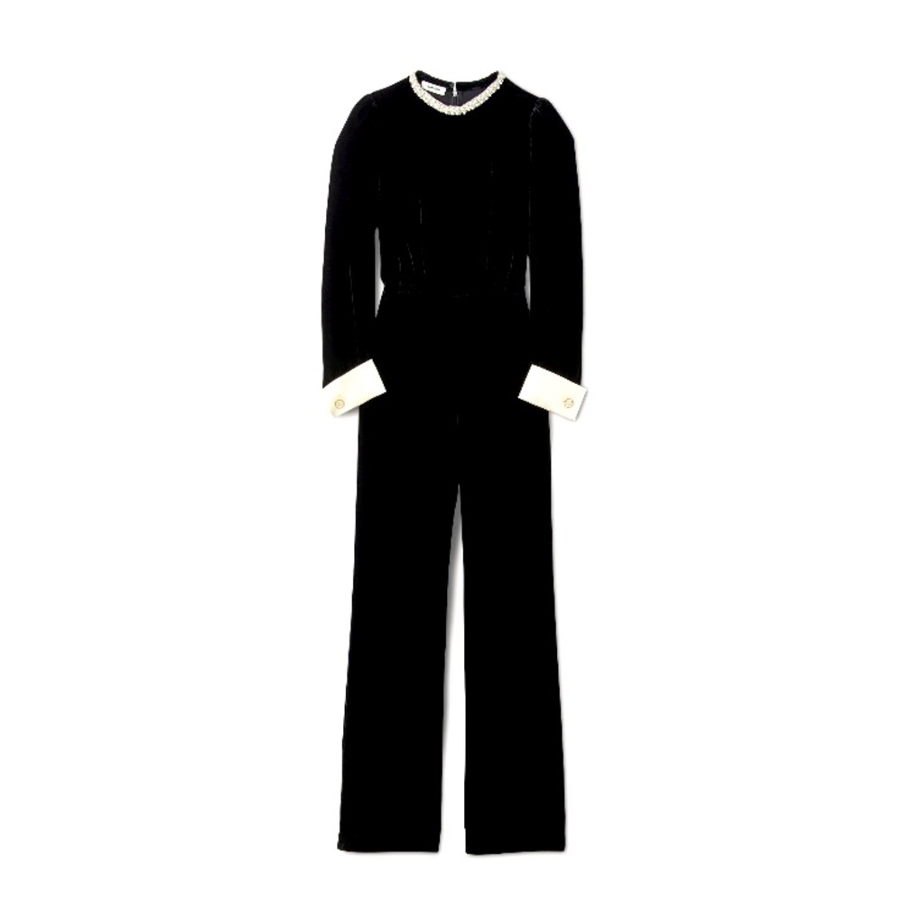 Velvet long sleeved jumpsuit with pearl collar